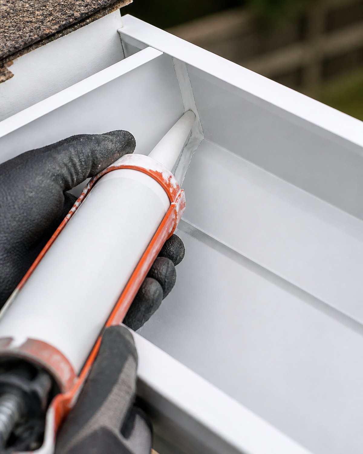 Sealing an inside mitre corner of a new seamless gutter in Bowling Green, KY