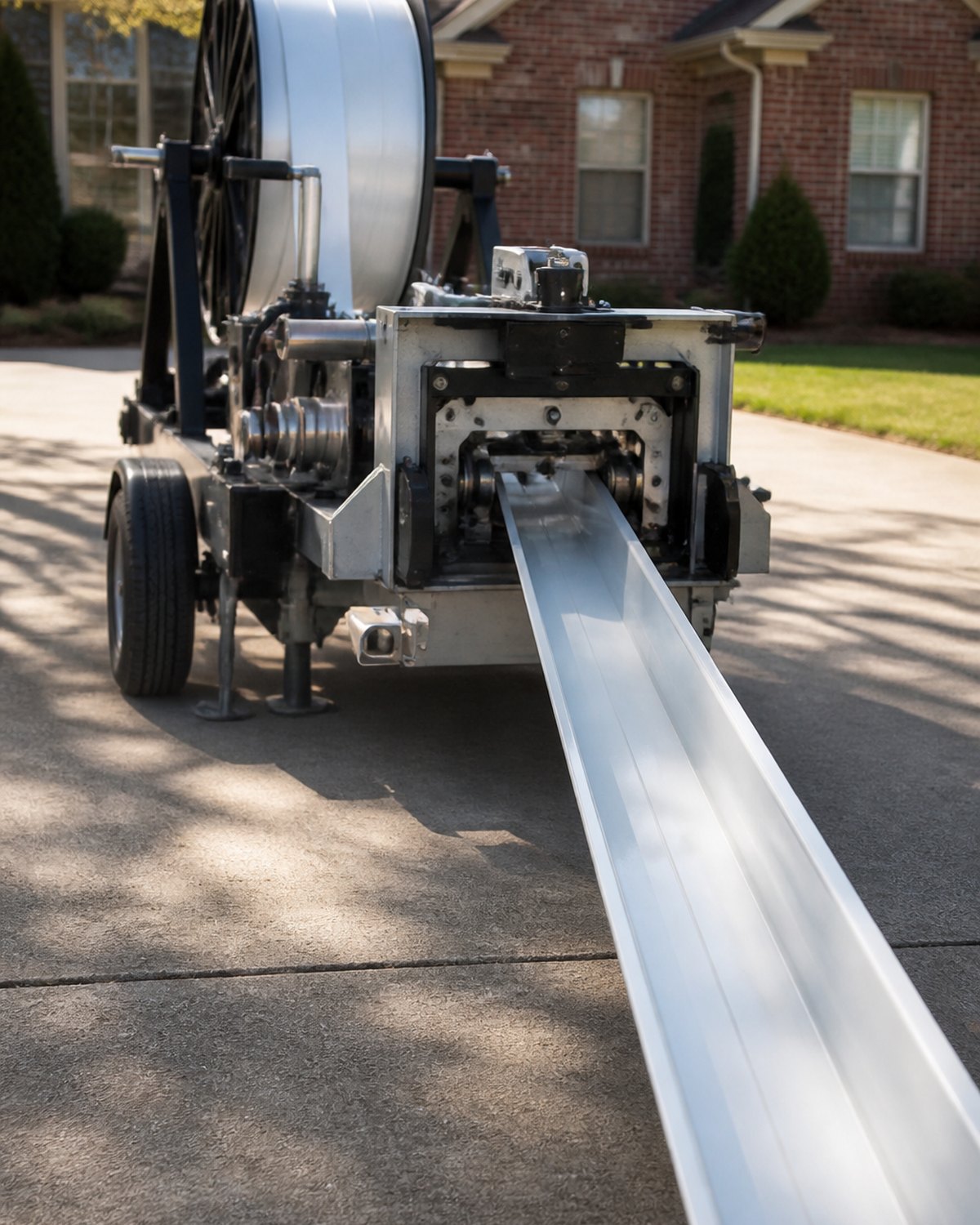 Gutter machine forming a seamless aluminum gutter on a Bowling Green, KY driveway