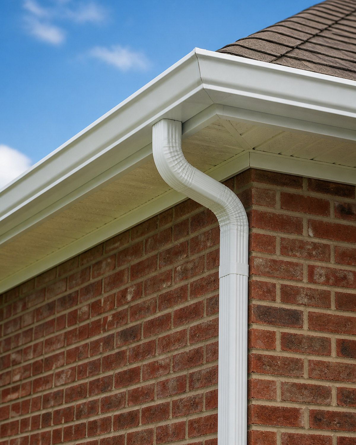 Freshly hung seamless white gutter and downspout on a brick wall in Bowling Green, KY
