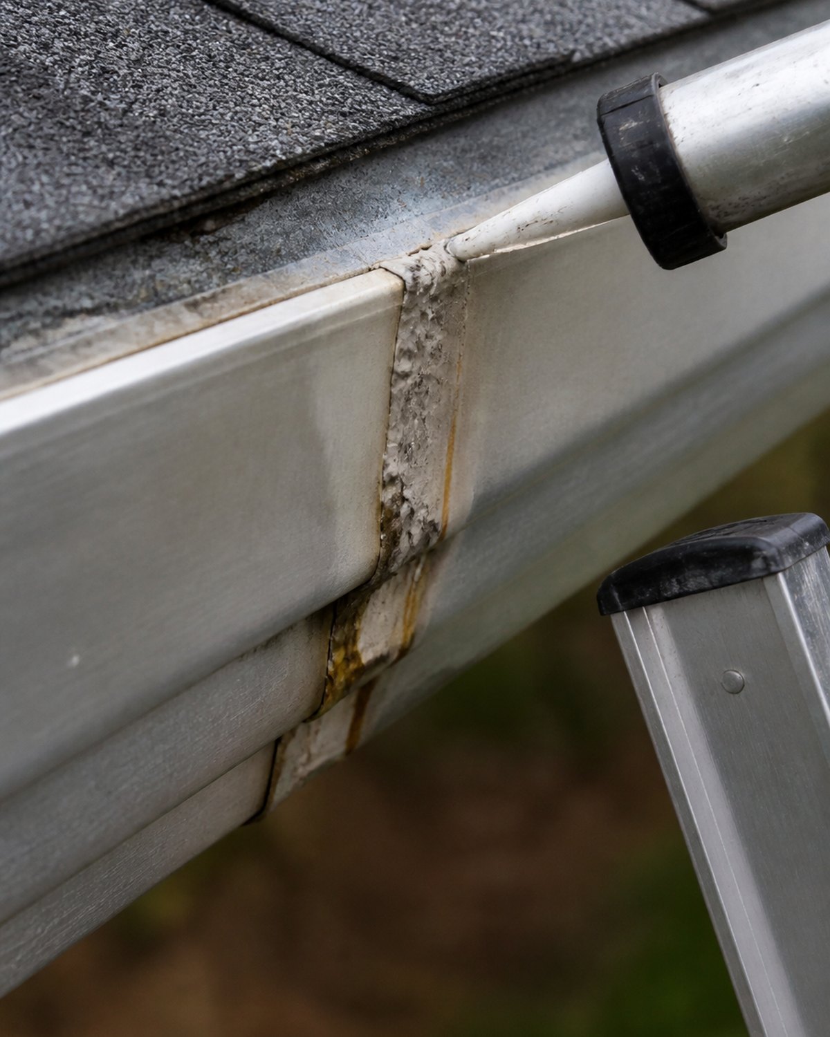 Cracked sealant and rust staining along an old gutter seam being repaired in Bowling Green, KY