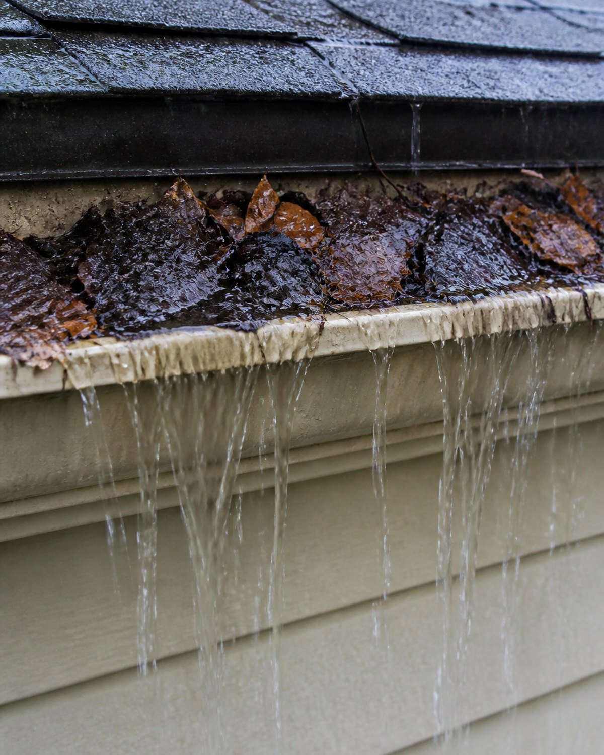 Gutter packed with sodden leaves spilling water over the front lip during rain