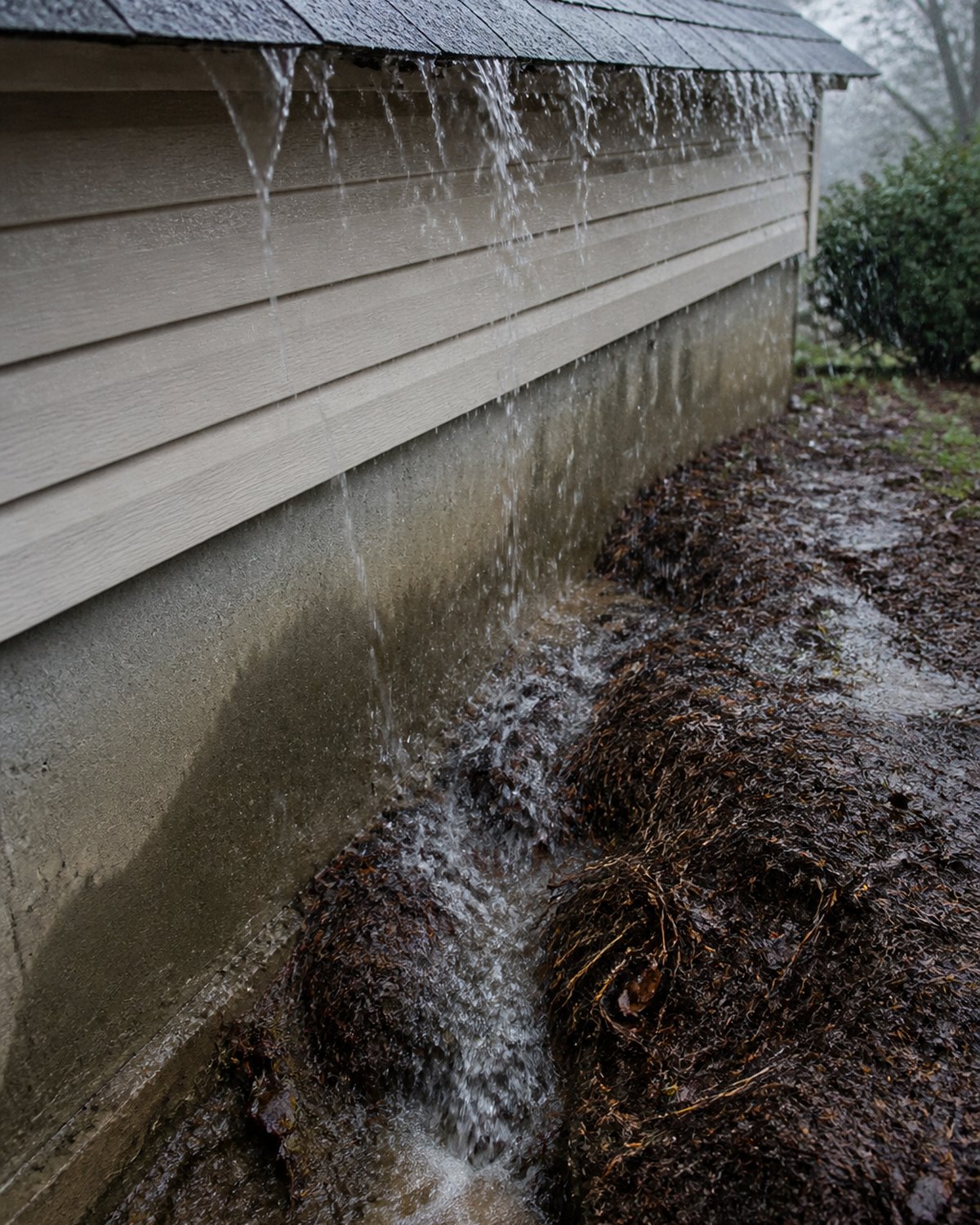 Rain pouring off a bare roof edge into an eroded trench beside a house foundation