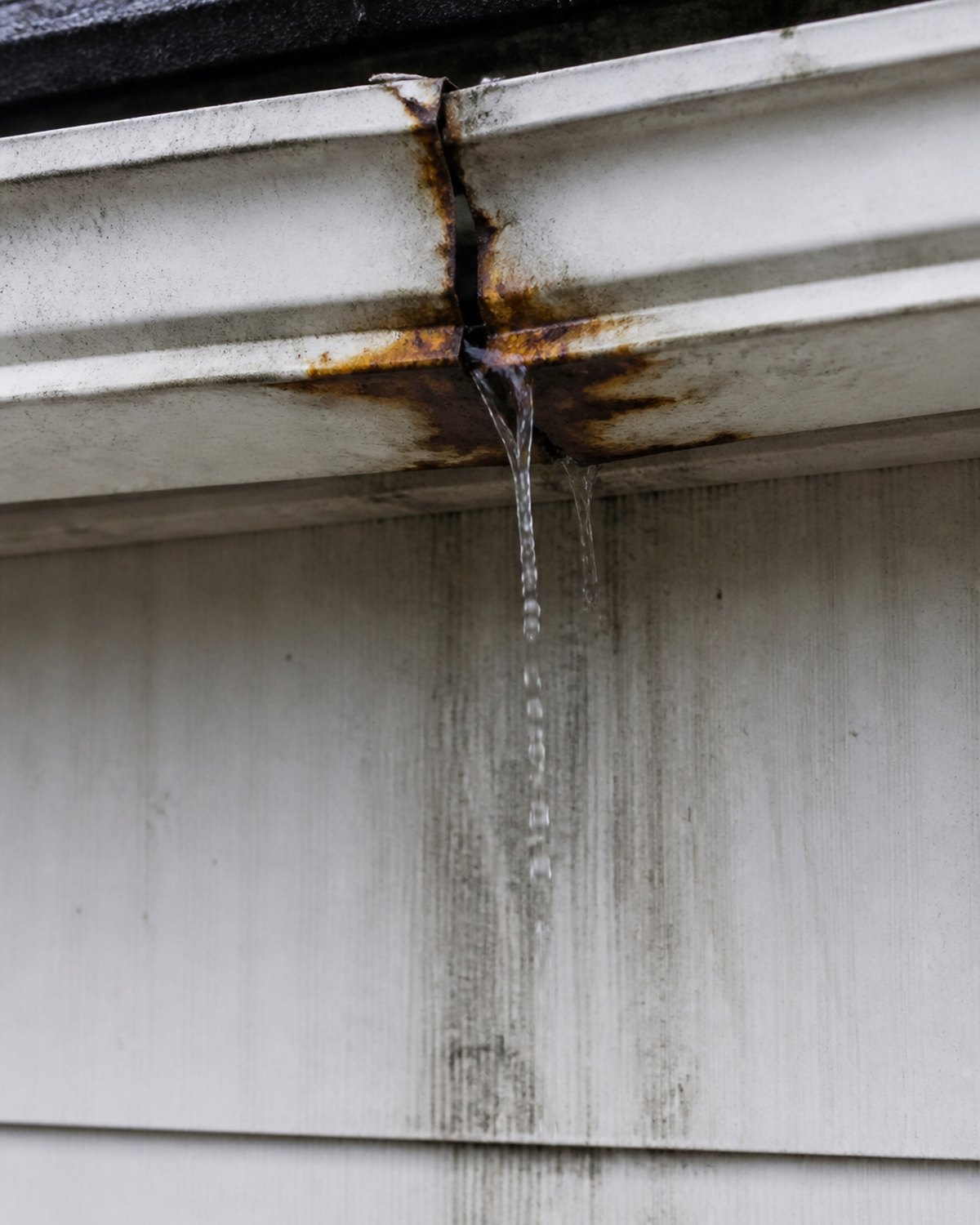 Water dripping through a rusted split seam in an old gutter above stained siding