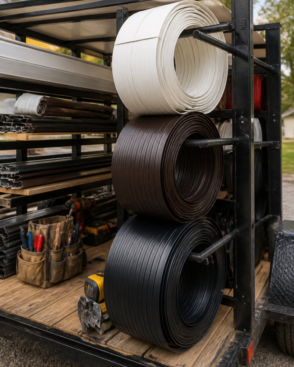 Coils of white, bronze and black aluminum gutter stock loaded on a work trailer
